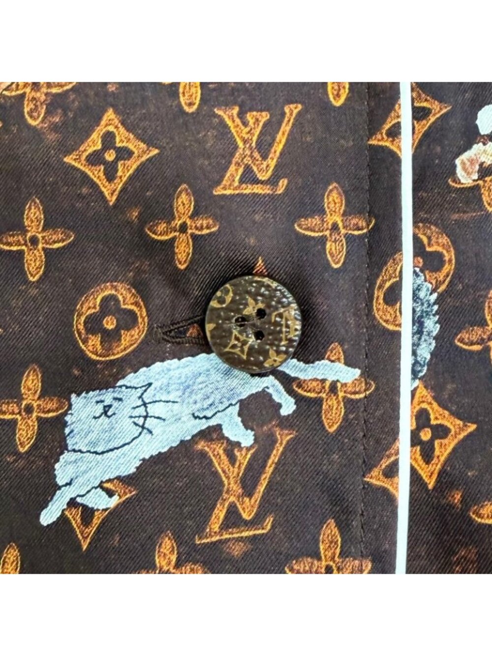 Louis Vuitton Silk 100% Cat Glam Print Cat Long Sleeve Shirt Brown 42 - Picture 6 of 11
